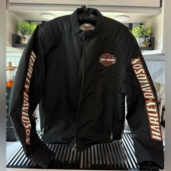 Harley-Davidson Black and Orange XL Embroidered Patch Men's Bomber Jacket - Picture 1 of 15